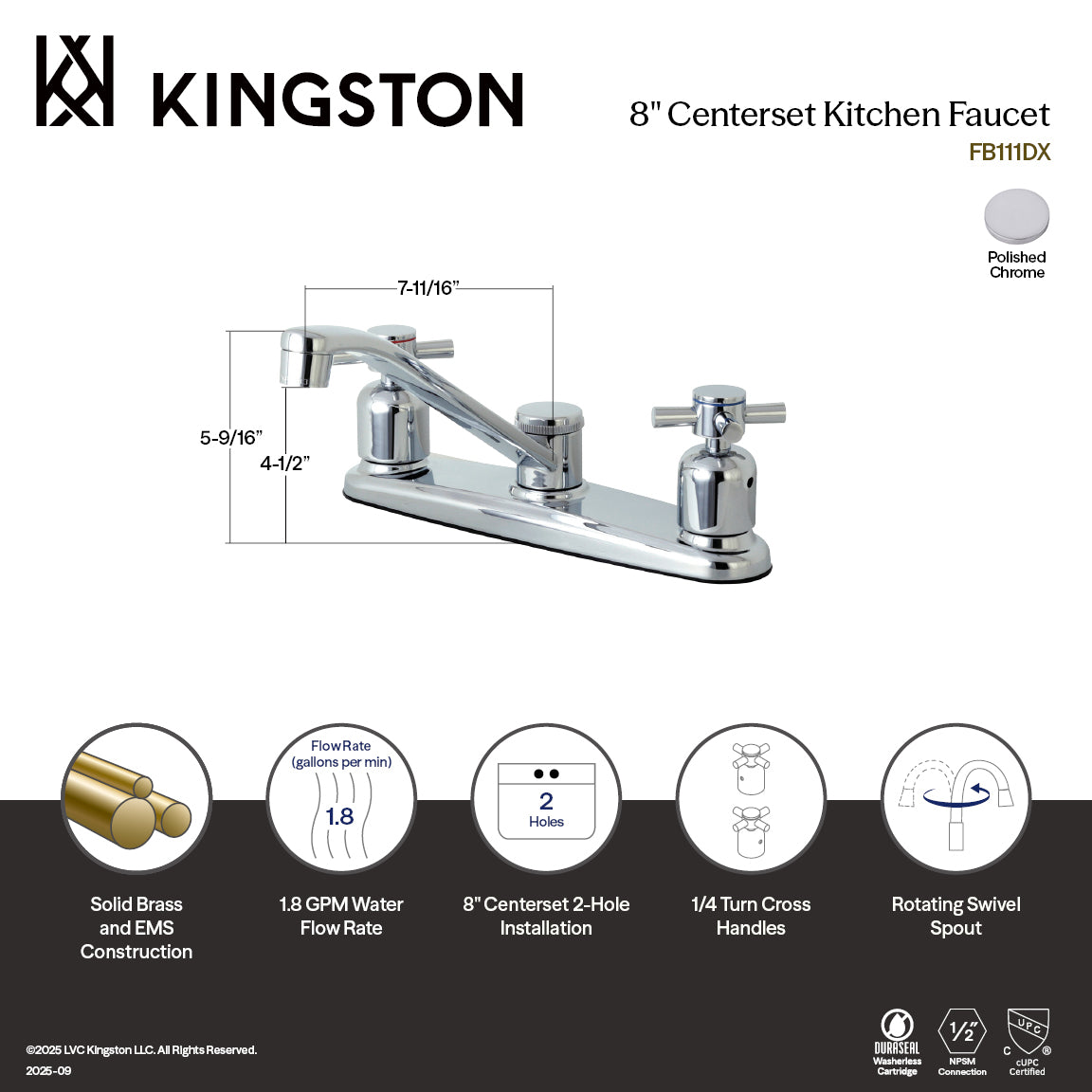Kingston Tulare FB111DX - Concord Two-Handle 2-Hole 8" Centerset Kitchen Faucet, Polished Chrome — thumbnail 2